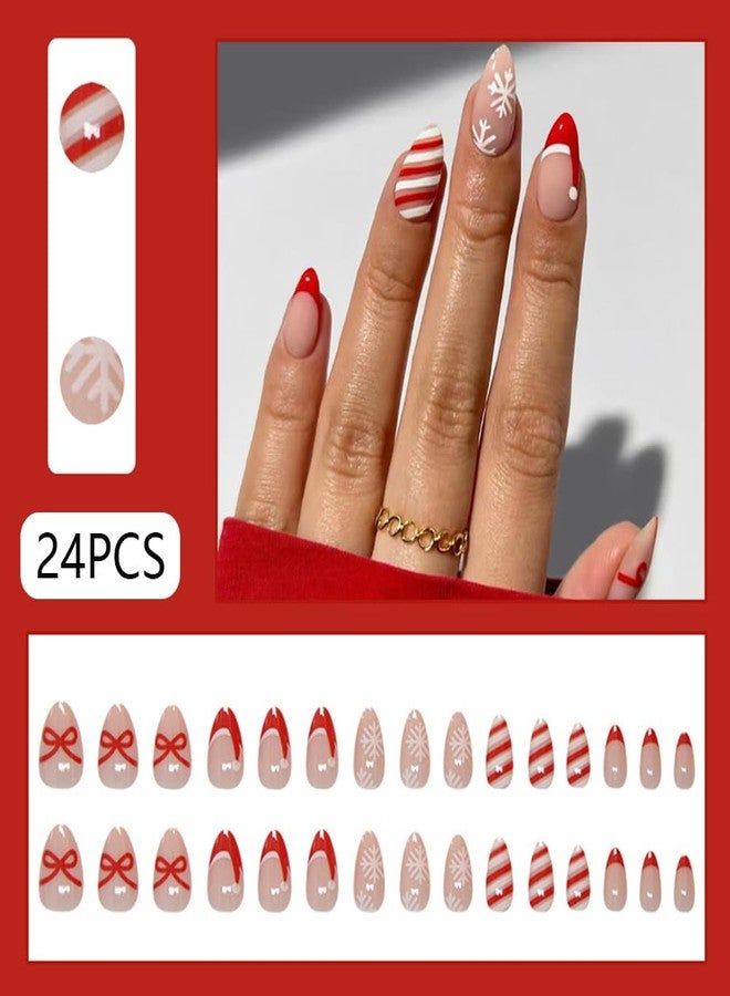 WAFOLOZE Christmas Nails - Short Almond Press On Nails Red French Fake Nails With Bow Stripes Designs Acrylic Artificial Glue On False Nail Press Ons Stick On Nail for Women Girls - Image 2